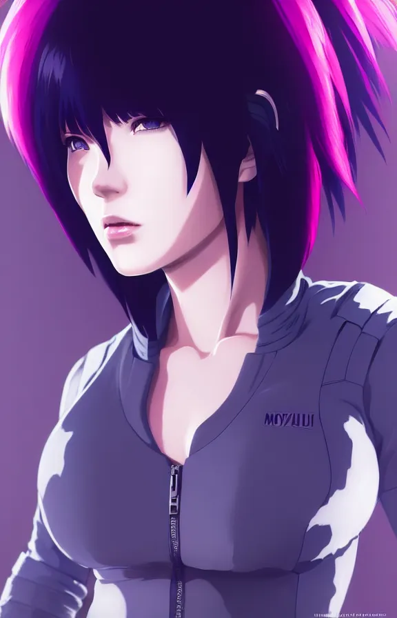 Image similar to a still fullbody portrait of motoko kusanagi ghost in the shell, finely detailed features, closeup at the faces, perfect art, at a cyberpunk city, gapmoe yandere grimdark, trending on pixiv fanbox, by ilya kuvshinov, rossdraws, artgerm