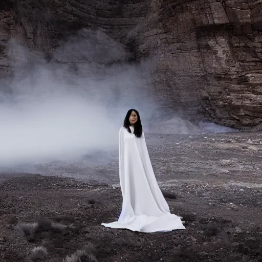 Prompt: photo, a woman in a giant flowing incredibly long dragging white dress made out of white smoke, standing inside a dark western rocky scenic landscape, volumetric lighting