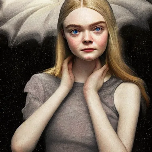 Prompt: professional painting of Elle Fanning in the style of Gregory Crewdson, head and shoulders portrait, symmetrical facial features, smooth, sharp focus, illustration, intricate, stormy weather, extremely detailed masterpiece,