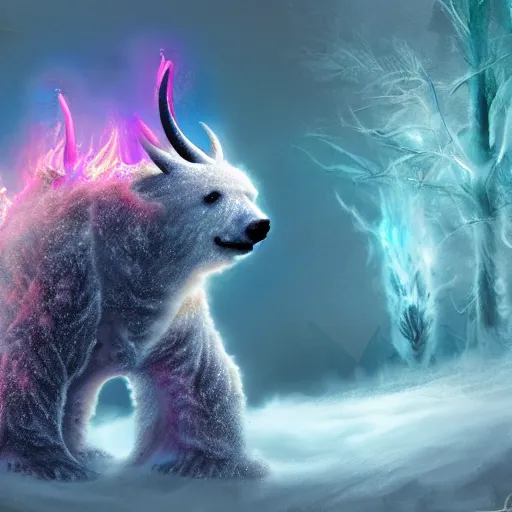 Image similar to epic frost bear, flaming horns, bright red eyes, insanity, long shot angle, despair, highly detailed digital art