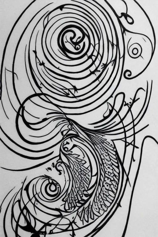 Image similar to a simple tattoo design of minimalist flying birds in spirals, black ink, abstract logo, line art