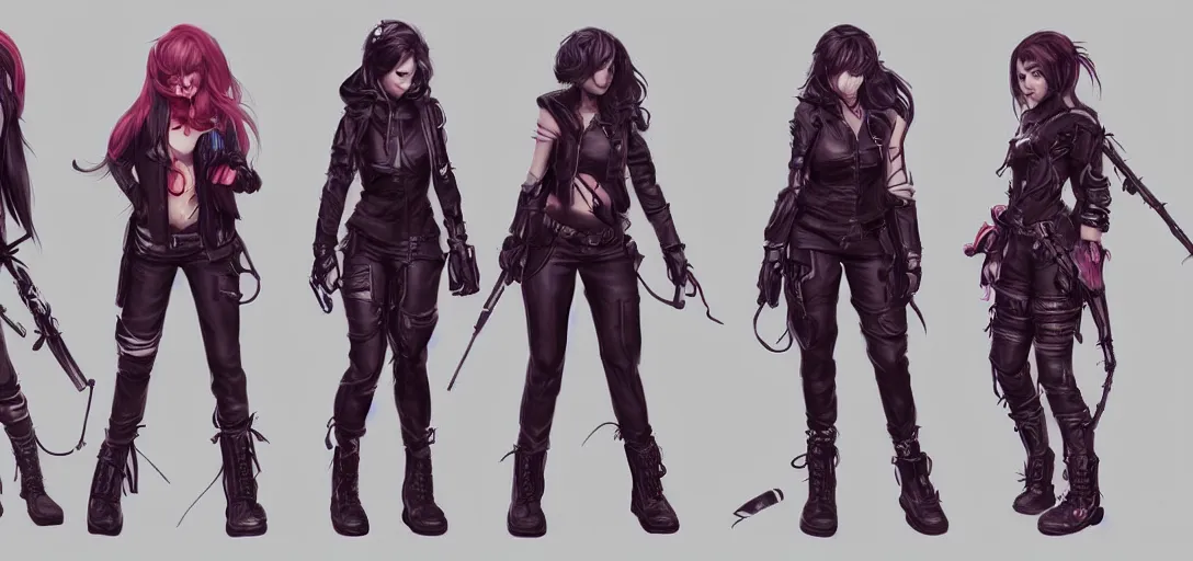 Prompt: character sheet concept art of female video game characters, streetwear, futurepunk, dark, moody, by marc brunet and artgerm