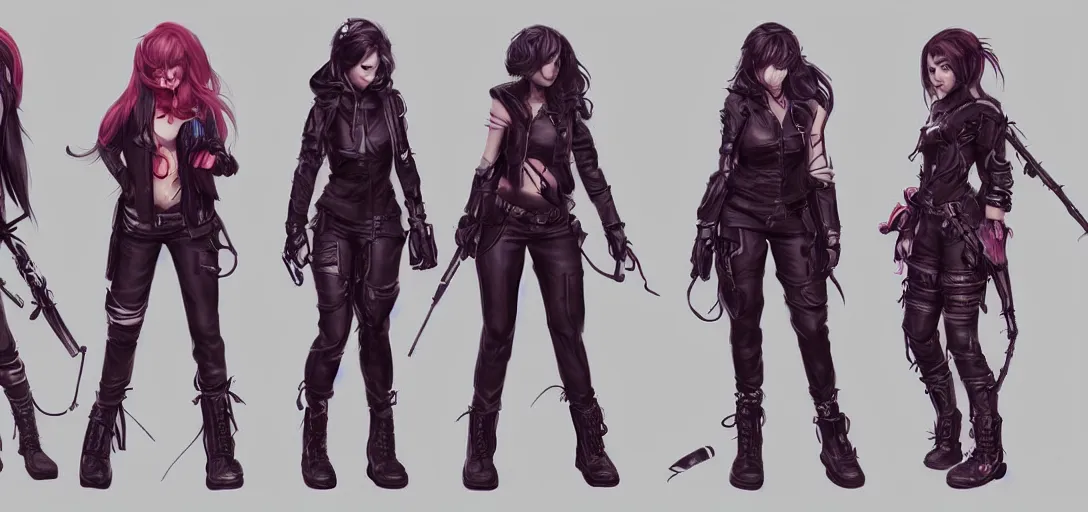 Image similar to character sheet concept art of female video game characters, streetwear, futurepunk, dark, moody, by marc brunet and artgerm