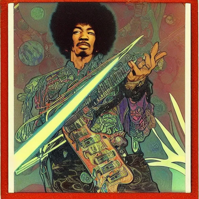 Image similar to polaroid of a vintage record cover by Franklin Booth showing a portrait of Jimi Hendrix as a futuristic space shaman, Alphonse Mucha background, psyadelic art, star map, smoke, sciFi