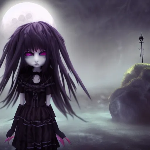 Prompt: full shot of angry darkness cute anime girl at moonlight, gothic wearing, inspired by Tim Burton, Norihiro Yagi, Marc Simonetti, Amano, Juri Misaki, detailed, unreal engine 4k volumetric light, fog,