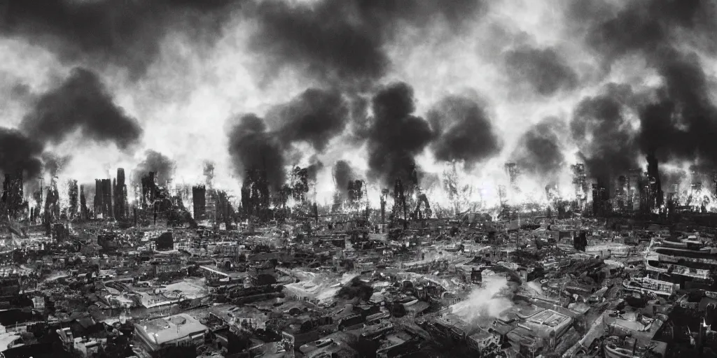 Image similar to steampunk city engulfed in flames, wide-angle shot, 28mm lens, 120mm black and white film