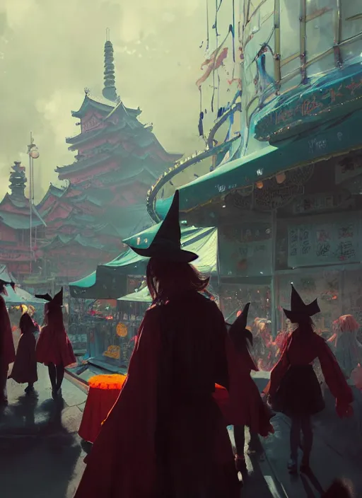 Prompt: close - up of student witches exploring and patrolling around a small carnival amusement, food stalls, big top circus tent, roaming entertainers, flashing lights, highly detailed, magical, japan mountains, digital painting, concept art, matte, art by ruan jia and wlop and greg rutkowski and makoto shinkai, masterpiece