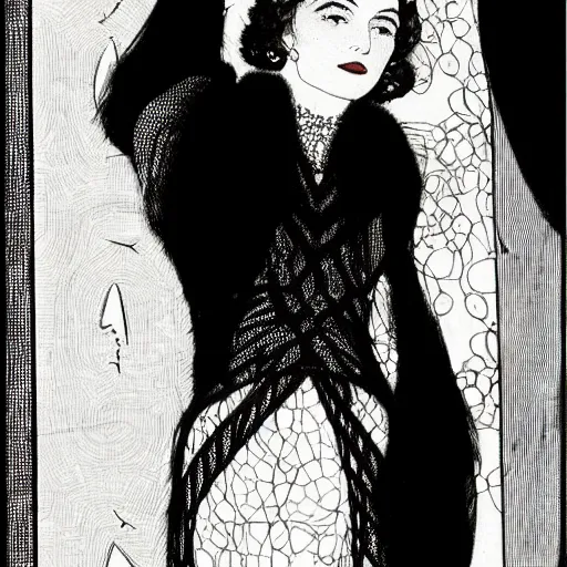 Image similar to illustration or margot robbie in black and white by harry clarke