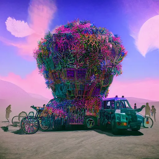 Prompt: highly detailed art of burning man festival full of cornflowers by Beeple