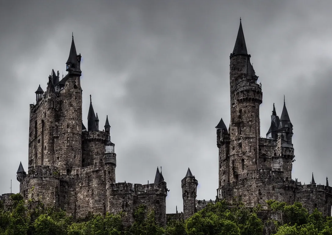 Prompt: Giant Gothic style castle, raining, overcast, medieval, eyes barely visible in the sky