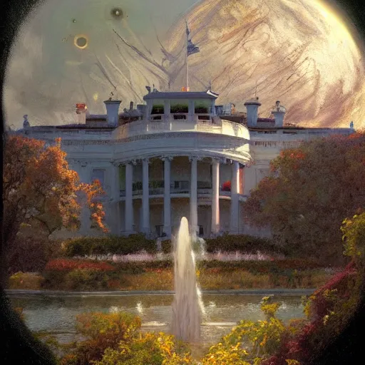 Prompt: detailed cinematic wide shot of the futuristic diselpunk rendition of the white house that has existed millions of years into the future where humans evolved to be solarpunk, ultra realistic, spring light, painting by gaston bussiere, craig mullins, j. c. leyendecker