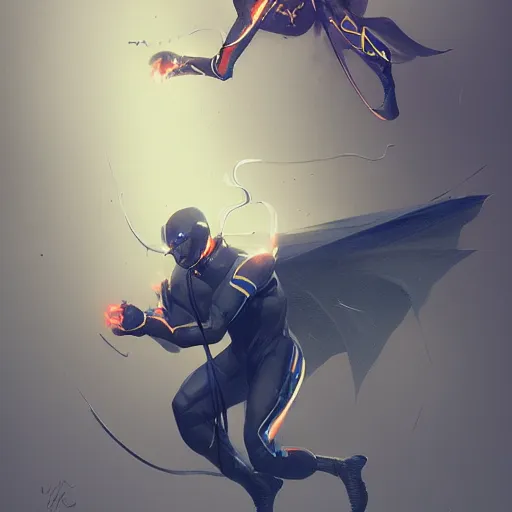 Image similar to a hero named rope man, his suit is black and blue and he has a bat like wing suit under it, mystic, concept art, artstation, greg rutkowski, reference sheet