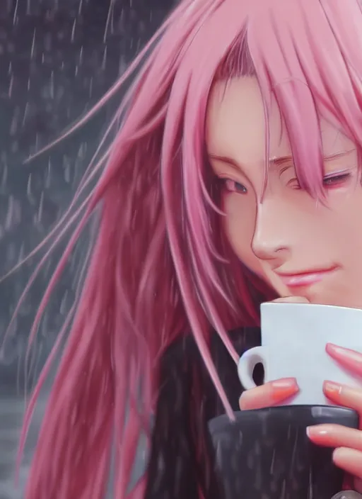 Image similar to a realistic anime painting of a girl with pink hair drinking a hot coffee on a rainy day. Close up of face. cinematic, 4k, artstation, beautiful