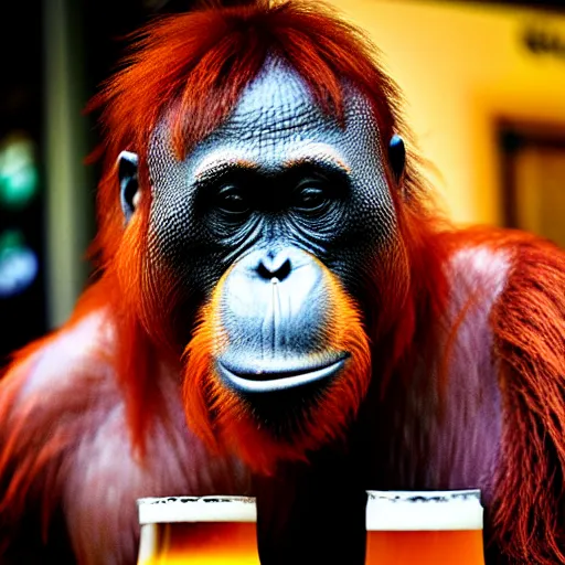 Image similar to orangutan at a pub with a pint of beer in his hand, highly detailed, realistic, beautiful composition, sharp focus, sharp focus