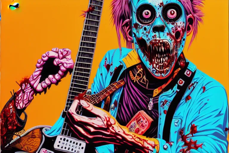 Prompt: a zombie 1 9 8 0 s punk playing guitar, tristan eaton, victo ngai, artgerm, rhads, ross draws