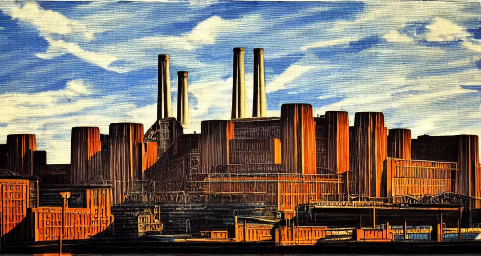 Image similar to battersea power station, highly detailed, dramatic lighting, intense shadows, rich deep colours, by roy lichtenstein