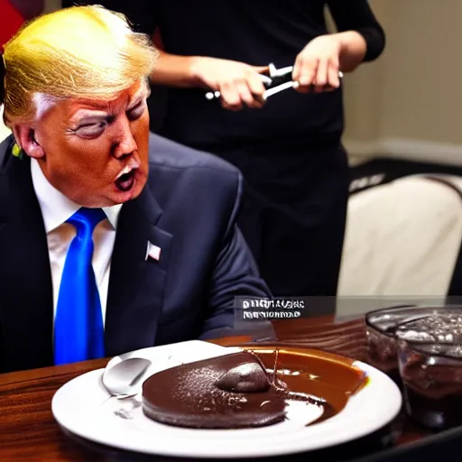 Image similar to crying donald trump in a highchair with chocolate pudding all over his face, gettyimages,