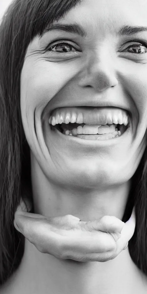 Image similar to a normal smiling woman with very long neck and sharp teeth smiling, scary, 50mm