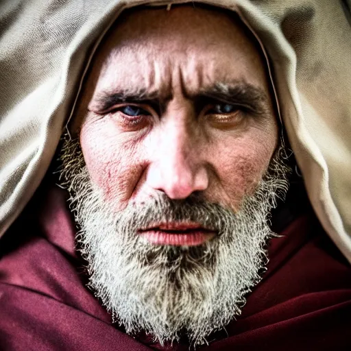 Image similar to stunning beautiful portrait photography of medieval sacred priest from national geographic award winning, dramatic lighting, taken with canon 5d mk4, sigma art lens, medium close up shot