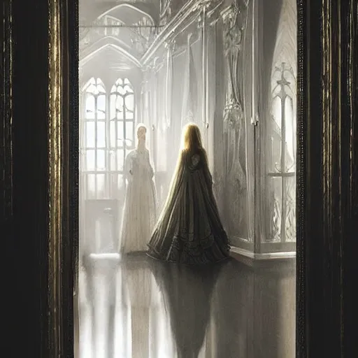 Image similar to a beautiful victorian woman is frightened by her doppleganger in a mirror. she is in a long hallway of mirrors. victorian interior, with many mirrors, elegant design, haunting atmosphere, dimly lit, gothic, horror style, by greg rutkowski, realistic, low angle, 3 / 4 view.