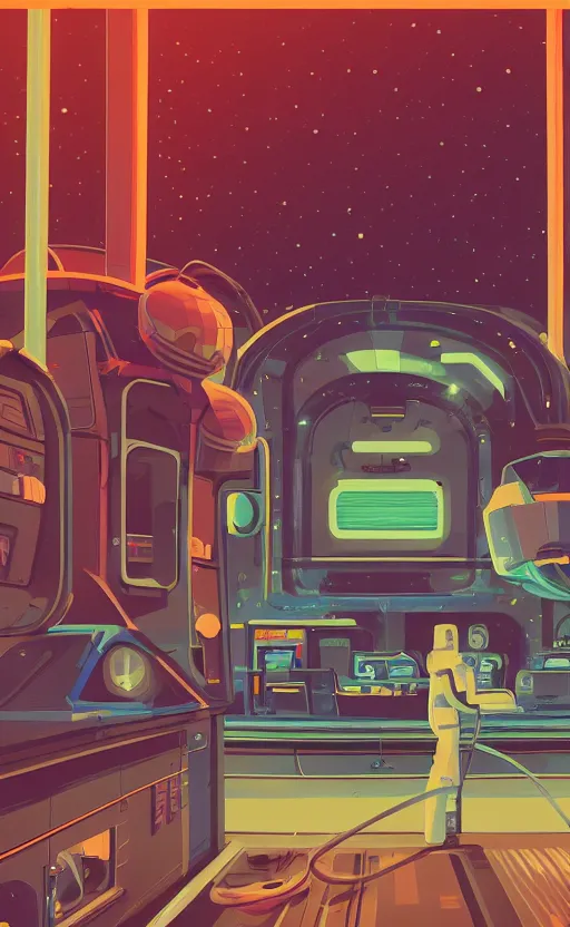 Prompt: spaceship in a gas station in space, sharp focus, james gilleard, sci - fi, print, risograph, cinematic, game art