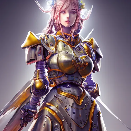 Image similar to studio portrait of lawful good colorful female holy mecha paladin absurdly beautiful, elegant, young sensual graceful woman, ultrafine hyperrealistic detailed face illustration by kim jung gi, irakli nadar, intricate linework, sharp focus, bright colors, matte, octopath traveler, final fantasy, unreal engine highly rendered, global illumination, radiant light, intricate environment