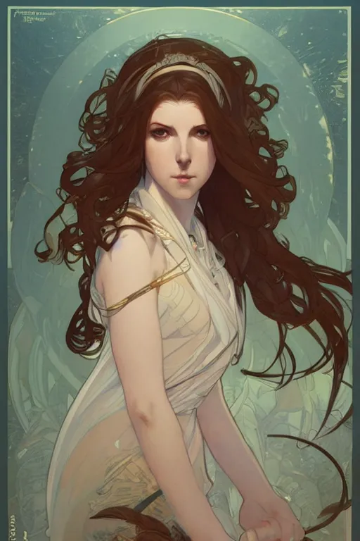 Prompt: goddess who looks like anna kendrick, by Krenz Cushart and Artem Demura and Alphonse Mucha, amazing detail, stunning lines, flat colors, 4K, character design, concept art