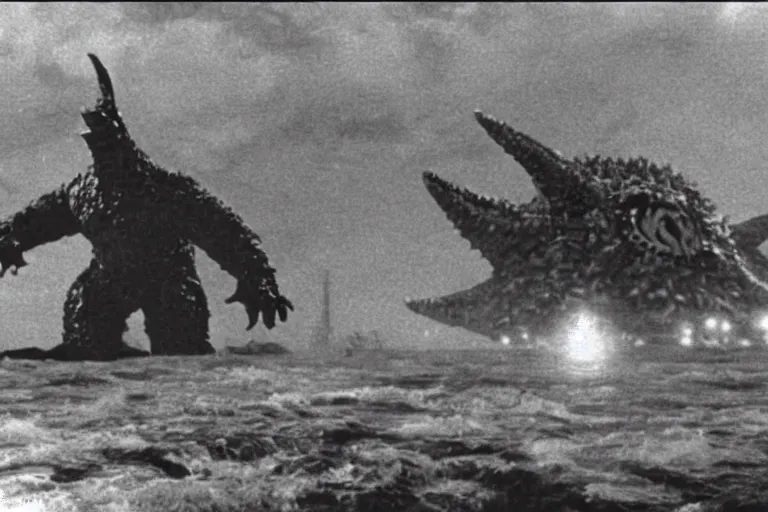 Image similar to a filmstill of Kim Jong-il and a Starro Kaiju monster destroying Pyongyang, in Godzilla (1954) by Ishirō Honda, traditional Korean city, palace, epic ultrawide shot, cinémascope