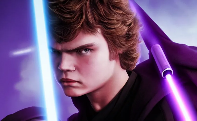 Image similar to a portrait of anakin skywalker looking angrily into the camera wielding a purple lightsaber, detailed, cinematic, raytracing, realistic