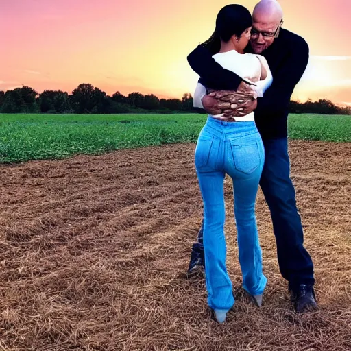 Image similar to walter white hugging kim kardashian, in a farm field, sunset