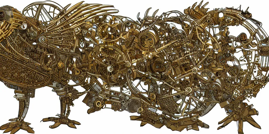 Prompt: schematic of a fighting rooster made of car engine parts, dieselpunk, schematic, intricate, highly detailed, golden ratio