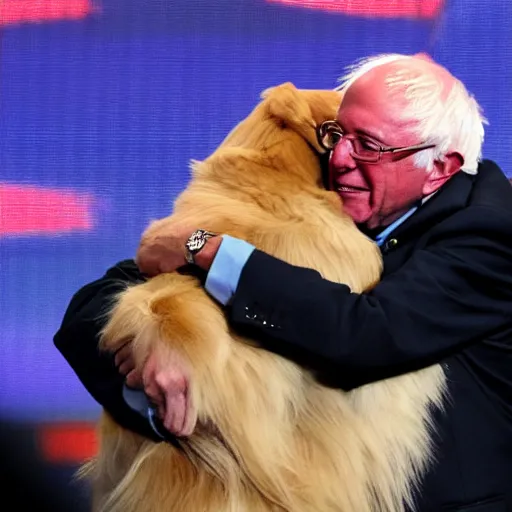 Prompt: bernie sanders hugging a golden retriever on a stage