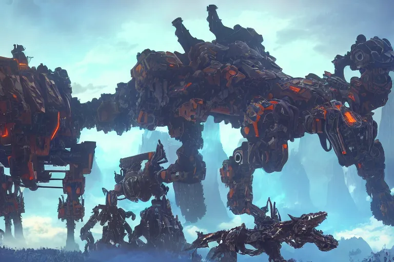 Image similar to behemoth machine mecha animal beast robot of horizon forbidden west horizon zero dawn bioluminiscence global illumination ray tracing hdr fanart arstation by sung choi and eric pfeiffer and gabriel garza and casper konefal