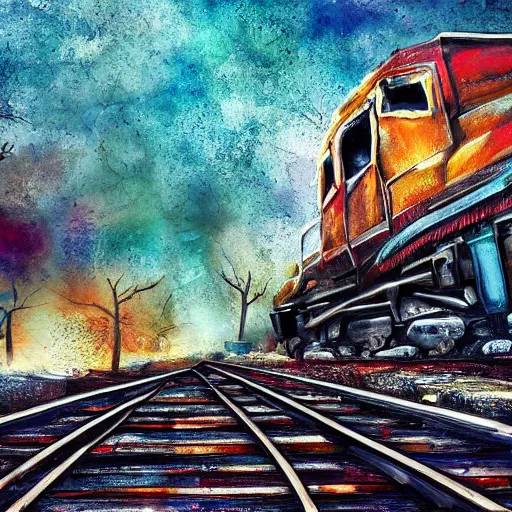 Prompt: subway arriving train decay, building stone big bear shape, expressive painting, colorful, detached dreams, Ultra-Wide Angle, Long double Exposure, black night sky wolves with burned trees, photography, highly detailed, super realistic, cinematic colors