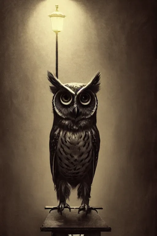 Prompt: wet plate photograph of an anthropomorphic owl standing alone in the waiting room of a victorian - era brothel, dramatic lighting, highly detailed, digital painting, artstation, concept art, smooth, sharp focus, illustration, art by wlop, mars ravelo and greg rutkowski