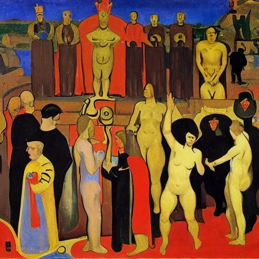 Image similar to coronation of medieval king, golden ratio, fauvisme, art du XIXe siècle, figurative oil on canvas by André Derain, Albert Marquet, Auguste Herbin, Louis Valtat, Musée d'Orsay catalogue