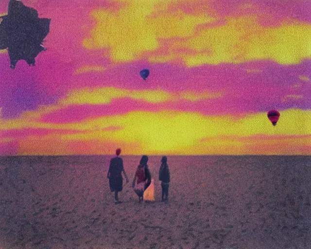 Prompt: a couple walks on the beach, thousands of multicolored hot air balloons float in the sky, violet and yellow sunset, polaroid photo, whimsical and psychedelic, 1 9 6 0 s, grainy, expired film, glitched