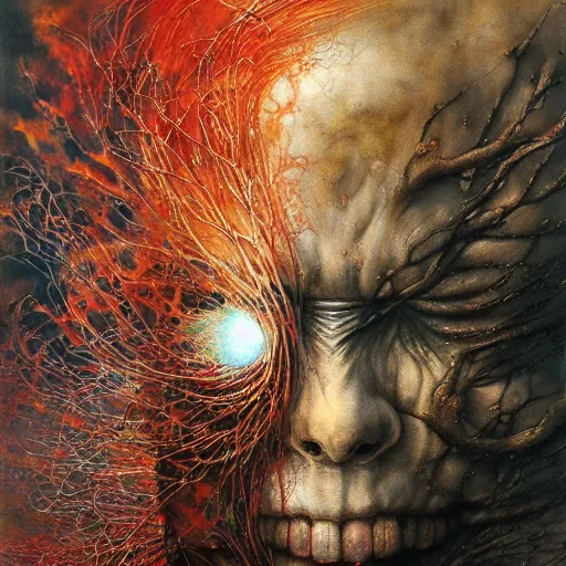 Image similar to realistic detailed UHD photorealistic Ghostrider, by Ayami Kojima, Amano, Karol Bak, Mark Brooks, tonalism, rich deep colors. Beksinski painting, art by Adrian Ghenie and Gerhard Richter. art by Takato Yamamoto. masterpiece