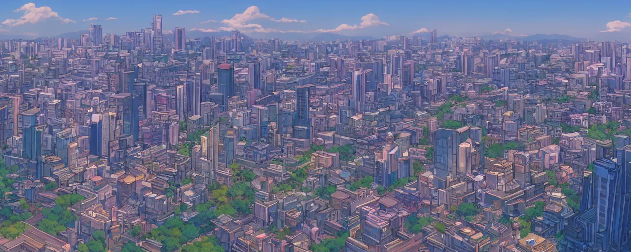 Image similar to A screenshot of the seoul city view in the scene in the Ghibli anime film, pretty rim highlights and specular