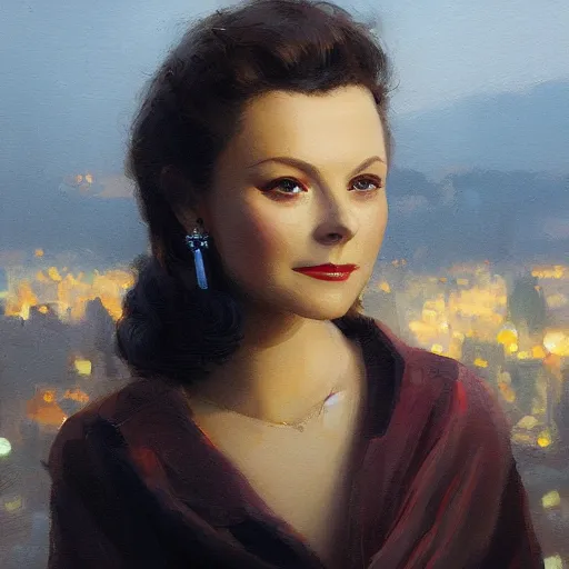 Image similar to closeup portrait of a young vivian leigh, seductive smile, chiaroscuro, city background, golden hour, dramatic lighting, complementary contrast, high detail, painted by greg rutkowski, painted by igor kieryluk, trending on artstation