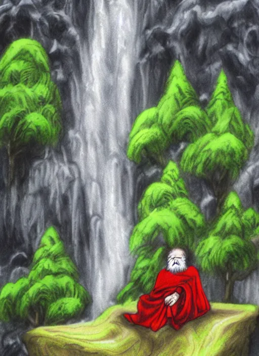 Image similar to old wise wizard sitting next to waterfall in the mountains, trending on deviantart, lord of the rings, detailed, colorful