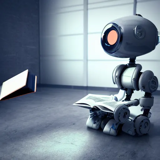 Image similar to a curious robot sitting, reading a book, octane render, 3D