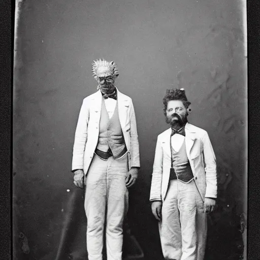 Prompt: photo of rick and morty, in 1 8 8 0 s tintype style.