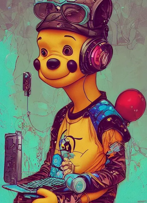 Image similar to beautiful portrait of Lofi cyberpunk Winnie the Pooh, by Tristan Eaton, Stanley Artgermm, Tom Bagshaw, Greg Rutkowski, Carne Griffiths. trending on DeviantArt, face enhance, hyper detailed, trending on Artstation, 8k, masterpiece, graffiti paint, fine detail, full of color, intricate detail, golden ratio illustration