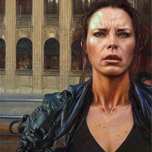 Prompt: frontal portrait of a emotional muscular female survivor in a city, by donato giancola.