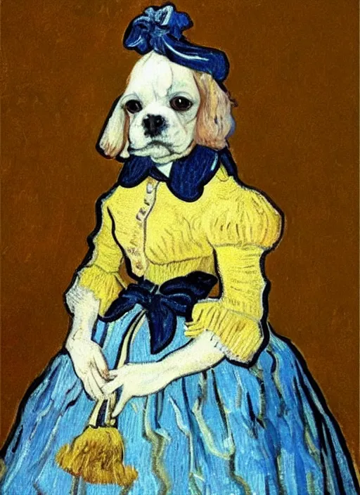Prompt: king charles cavalier in a dress, painting by van gogh, dog, award winning art