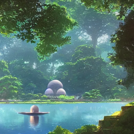 Prompt: geodesic dome in front of a lake with gardens and waterfall, gapmoe kuudere moody lighting stunning bokeh highlights sharp contrast | trending pixiv fanbox | by greg rutkowski makoto shinkai takashi takeuchi studio ghibli