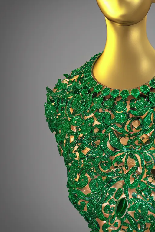 Image similar to Brilliant cut Emerald encased in an intricate ornate necklace beautifully lit. Ultra HD. 8K. V-ray. Octane Render. Global illumination. Cycles. GPU render. Sharp. Smooth lighting.