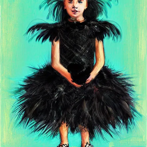 Prompt: little girl wearing an dress made of black feathers, artwork made by ilya kushinov