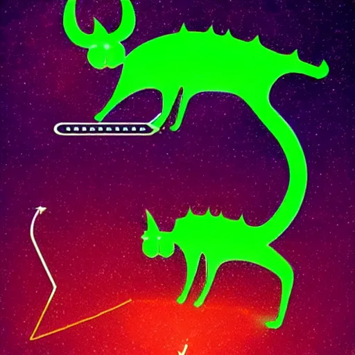 Prompt: Horned cat circuitboard alien, green laser light energy, uncanny devil creature, intelligent and cunning